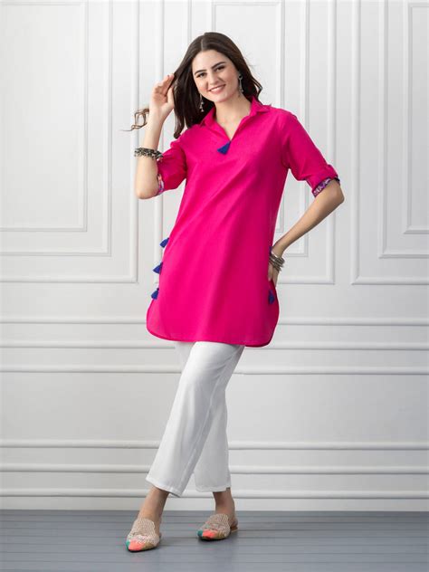 Pink Shirt Collar Kurti With Tassels & Floral Print Detailing | Buy ...