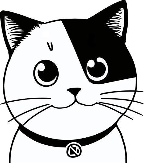 A close-up of a black and white cat drawing, a round minimalist behind ...