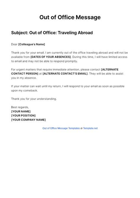 Free Out Of Office Message For Part Time Workers Template to Edit Online