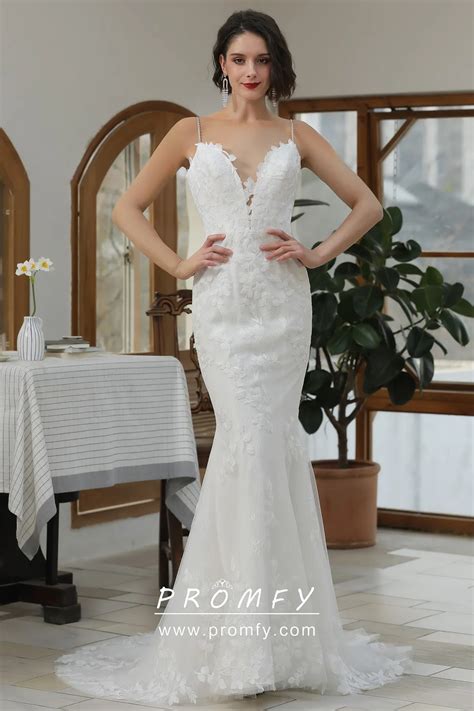 Gorgeous Plunging Neck Floral Lace Mermaid Bridal Dress - Promfy