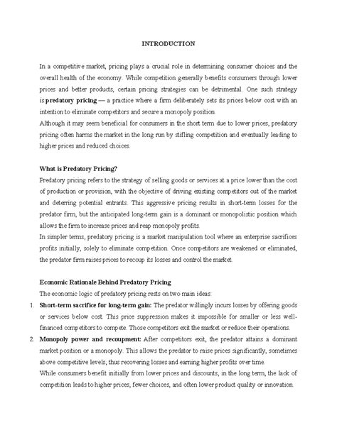 Predatory Pricing: Economic Impacts and Legal Framework in India - Studocu
