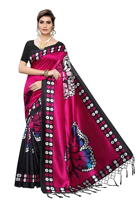 Buy Riti Riwaz Pink & Black Printed Mysore Art Silk Tassel Saree With ...