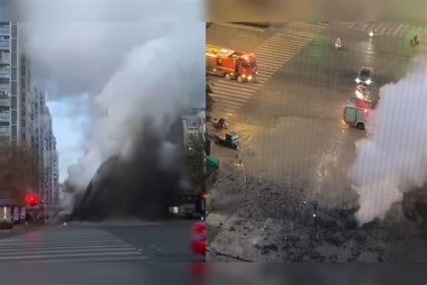 江苏一地下管道突然炸裂喷射大量黑色液体，商户车和门店都被毁，12345回应