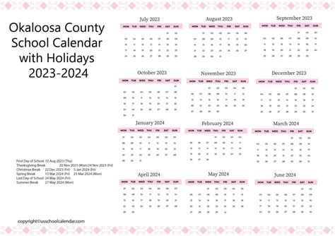 Okaloosa County School Calendar - US School Calendar