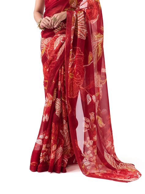 Nyra Crimson Red Blossom Saree – mymaatram