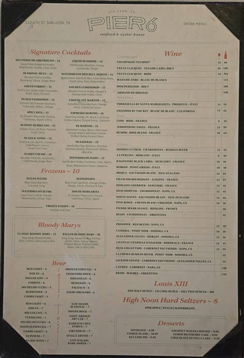 Menu at Pier 6 restaurant, San Leon