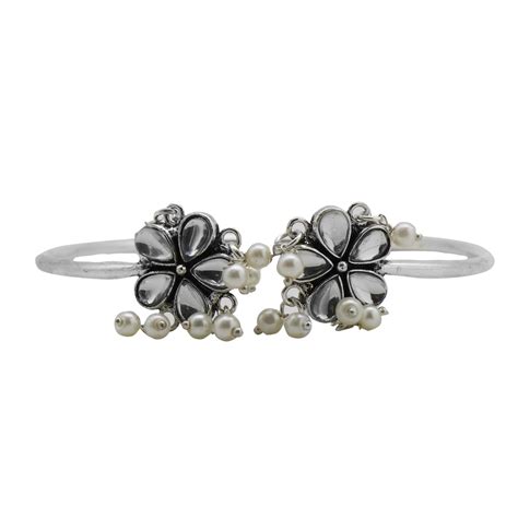 Teejh Indian Ethnic Jewellery | Polki Silver Oxidized Pearl Cuff