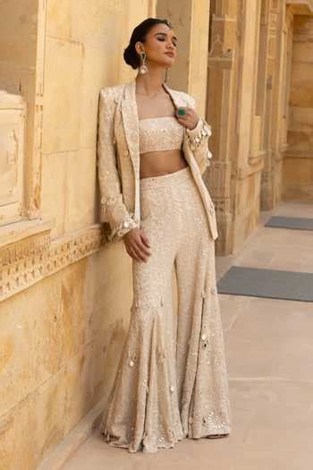 Buy Ivory Georgette Mirrors, Beads, Sequins, Cut Work Embroidered ...