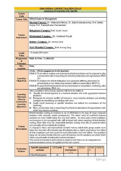 SBM-NMIMS MBA-I: Ethical Issues in Management Course Teaching Plan ...