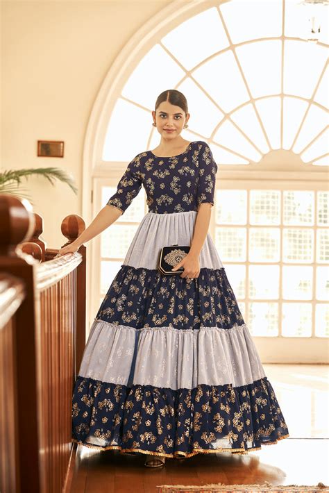 Navy Blue Semi Stitched Georgette Foil Print Long Gown - Clo