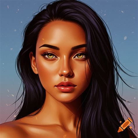 Stylized portrait of a young woman with long dark hair in a white dress ...