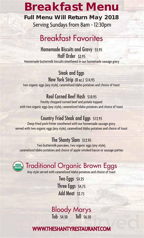 Menu for The Shanty Restaurant in Wadsworth, IL | Sirved