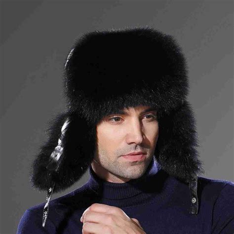 Russian Black Ushanka Hat Winter Men Real Fox Fur Hat - URSFUR