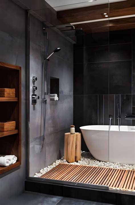 Modern Bathroom With Freestanding Tub And Pebble Flooring