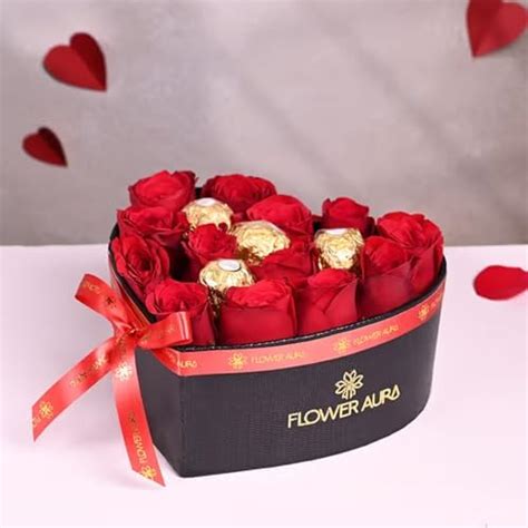 FlowerAura Love Bouquet of 13 Red Roses With 4 Chocolates In Heart Box ...