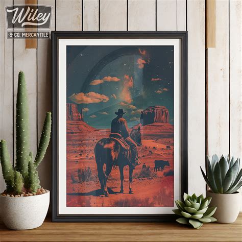 Vintage Cowboy Riding Horse Art Print Cosmic Cowboy Wall Art, Retro Cowboy Art, Surreal Western ...
