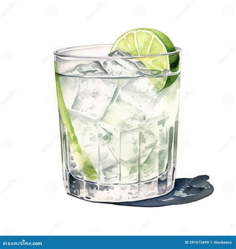 Realistic Watercolor Painting of Vodka Tonic with Lime and Ice Stock ...