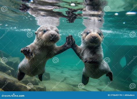 Pair of Baby Otters Holding Hands while Swimming in Clear Lake Stock ...