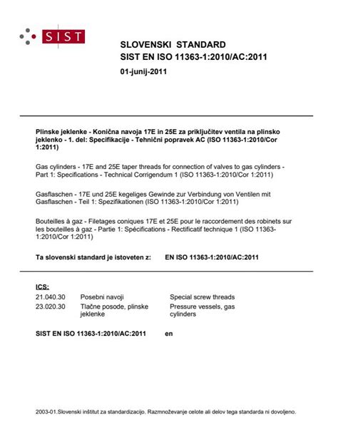 SIST EN ISO 11363-1:2010/AC:2011 - Gas cylinders - 17E and 25E taper ...