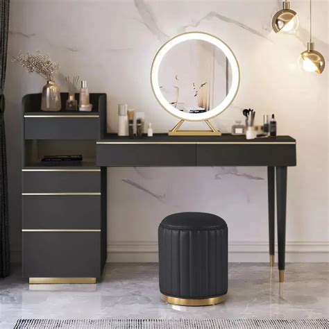 Modern Black Makeup Vanity Set with Lighted Mirror and Stool – Wooden Crest