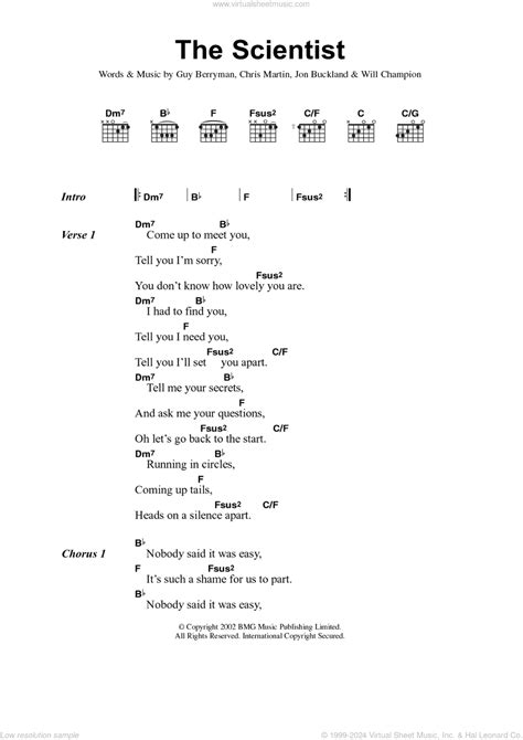 Coldplay - The Scientist sheet music for guitar (chords) (PDF)