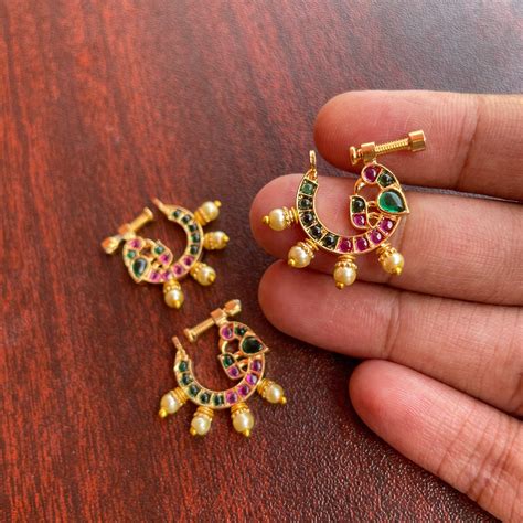 Premium Micro Gold polished Real kemp Peacock Nose Nath with pearls ...