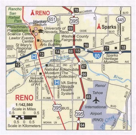 Reno NV road map. Map of streets and roads of Reno with public places