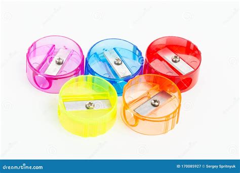 Five Colorful Plastic Pencil Sharpeners on White Background Stock Image ...
