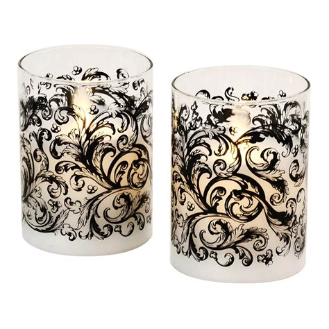 LumaBase Baroque Black Swirl Battery Operated Wax Candles in Glass ...