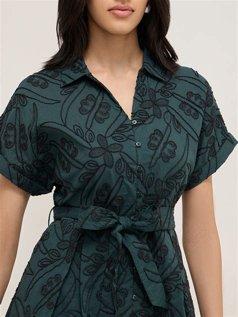 Buy LOV Teal Floral Embroidered A-Line Cotton Shirt Dress with Belt ...