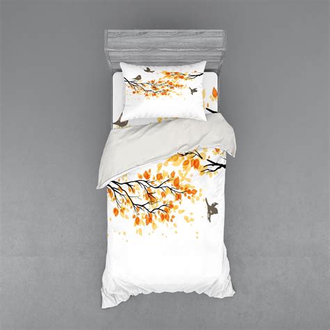 Fall Duvet Cover Set, Branch Pale Autumn Leaves and Birds Natural ...