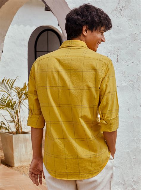 Buy Sunflower Seersucker Shirt | Casual Mustard Check Shirts for Men ...