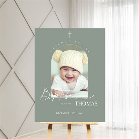 Green Baptism Welcome Sign With Photo, White Cross Green Christening ...