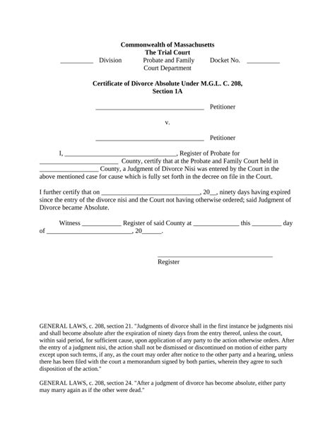 Massachusetts Certificate of Divorce Absolute - Blank Fillable Template ...