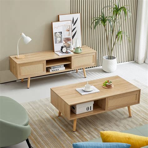 Amazon.com: YOUGUO Boho Coffee Table & TV Stand Set of 2, Sliding Door ...