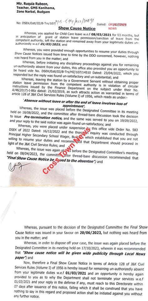 J&K Govt issues "Pre Termination Notice " to Teacher for unauthorized ...
