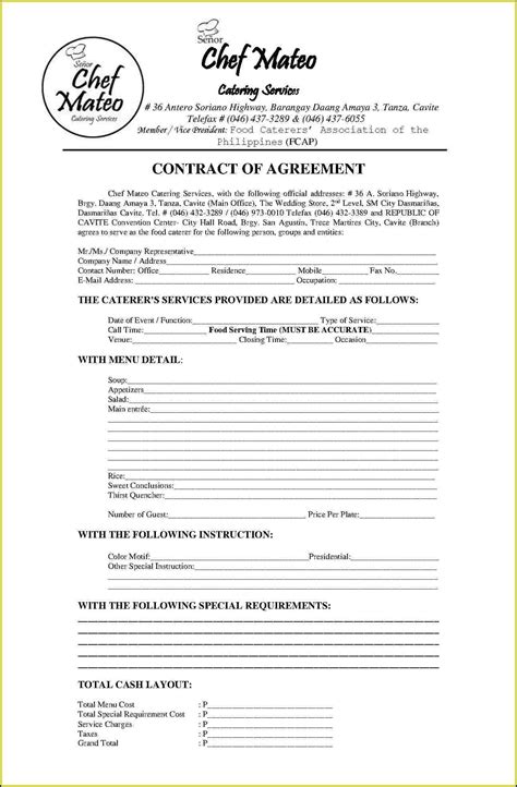 Printable Catering Contract - Printable Calendars AT A GLANCE
