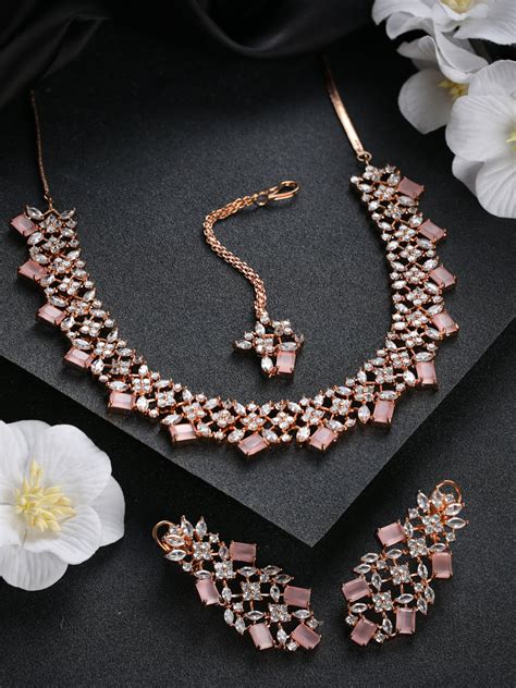 Priyaasi Pink Floral AD Rose Gold-Plated Jewellery Set