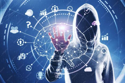 Hacker using abstract digital brain interface on blurry background ai ...