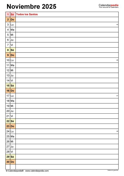 Calendario noviembre 2025 en PDF, Excel y Word | Calendarpedia