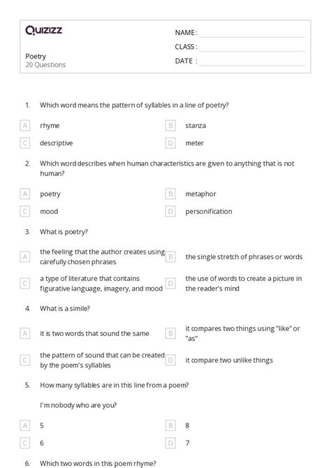 50+ Poetry worksheets for 4th Class on Quizizz | Free & Printable