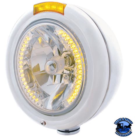 STAINLESS STEEL CLASSIC HEADLIGHT H4 WITH 34 AMBER LED & DUAL MODE LED ...