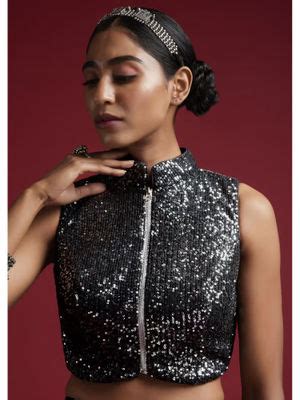 Buy KALKI FASHION Black Blouse with Silver Sequins and Mandarin Collar ...