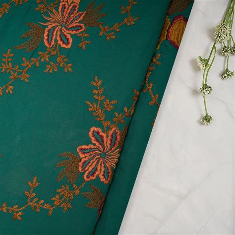 Buy (Pre-Cut 2.50 Mtr)Green Embroidered Cotton Voile Fabric| FFAB