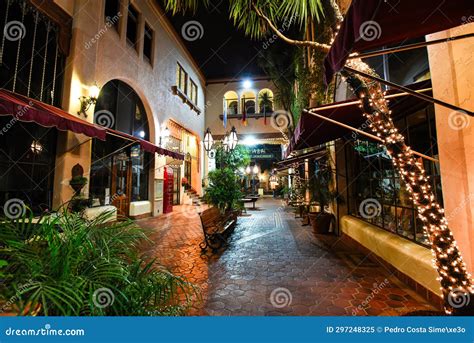 Beautiful Courtyard of La Arcada Plaza at Night - Santa Barbara ...