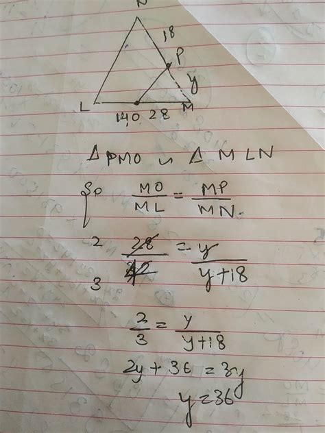 Triangle L M N is cut by line segment O P. Line segment O P goes from ...
