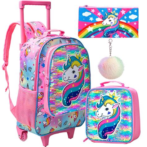 Buy 3PCS Rolling Backpack for Girls, Wheeled Unicorn Bookbag with Lunch ...