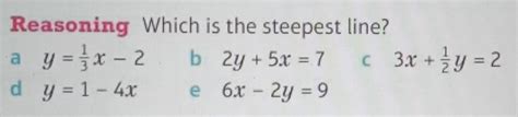 Q. Which is the steepest line?a) y = 1/3x - 2b) 2y + 5x = 7c) 3x + 1/2y ...