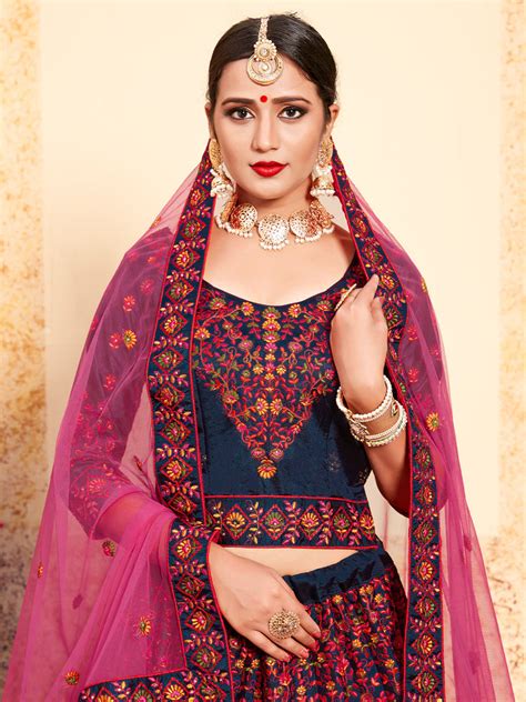Dark Blue Designer Semi Stitched Lehenga With Unstitched Blo