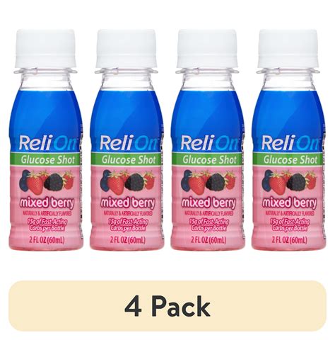 (4 pack) ReliOn Glucose Shot, Mixed Berry, 2 fl oz.; 15g of Fast-Acting ...